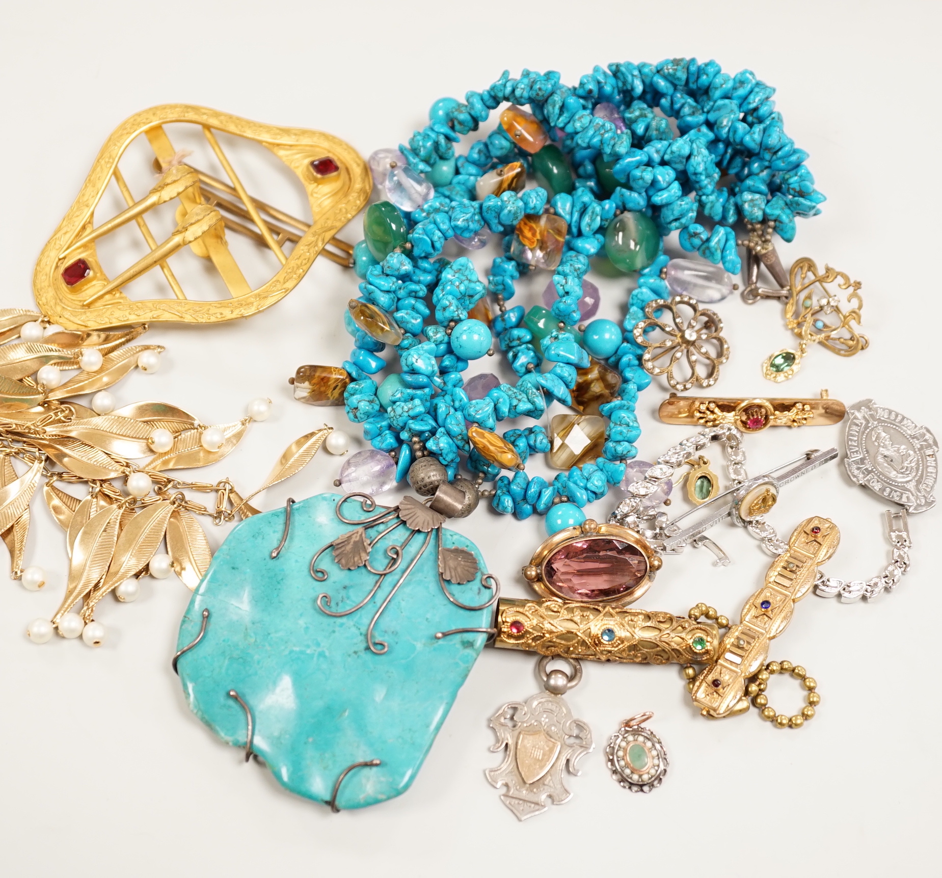 Assorted costume and other jewellery including antique buckle, paste jewellery, silver medallion etc.